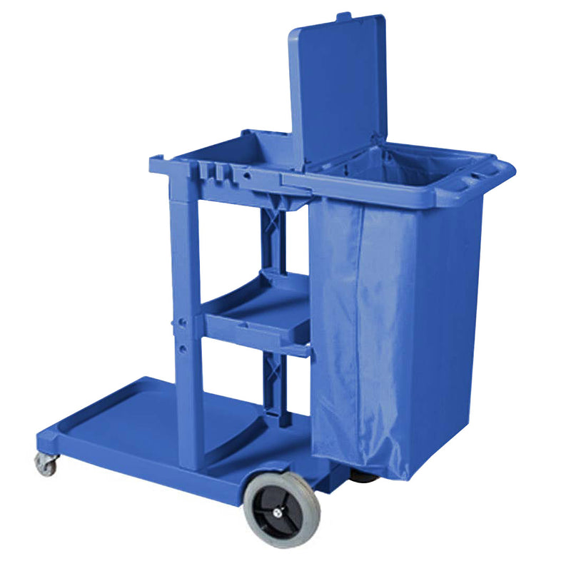 2X 3 Tier Blue Plastic Janitor Cart With Bag Waterproof Easy to Clean and Move
