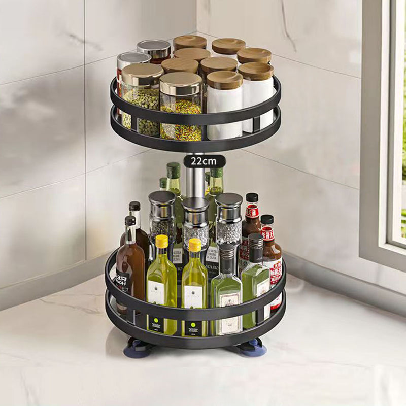 2 Tier Black Round Rotating Kitchen Spice Rack Carbon Steel Organizer Shelf