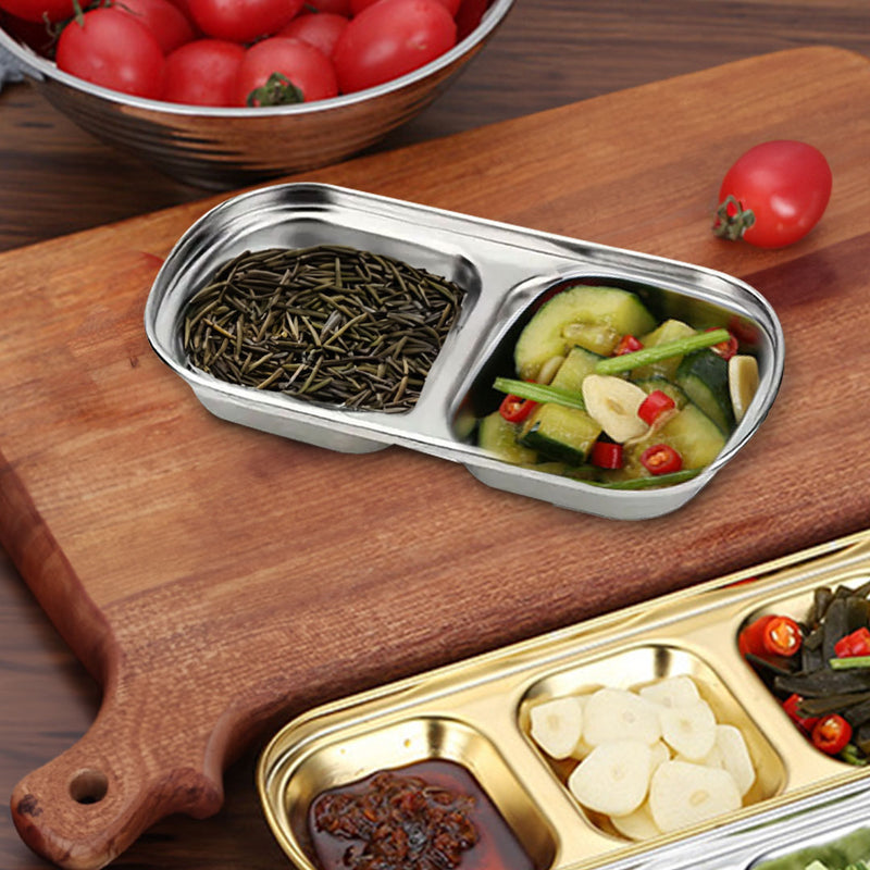 15cm Stainless Steel Divided Sauce Dish Two Compartments Silver Set Of 4