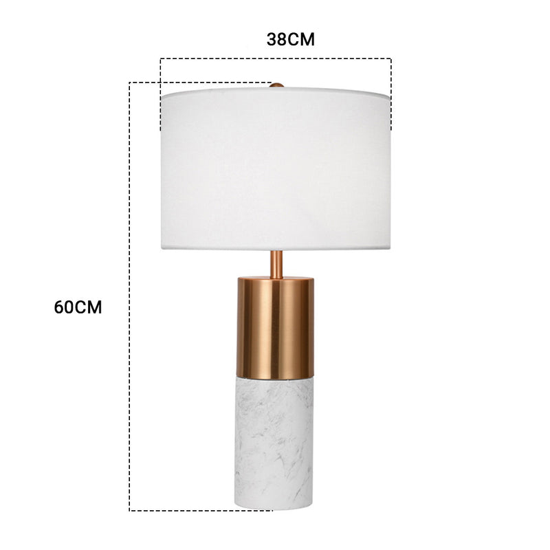60cm White Marble Bedside Table Lamp Metal Fabric Drum Shade Plated Gold Base