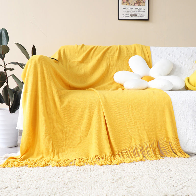 2X Yellow Acrylic Knitted Throw Blanket 130x220cm Fringed Cozy Decor