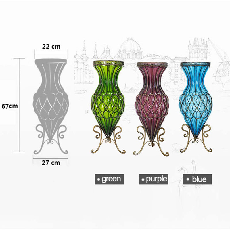 67cm Blue Glass Tall Floor Vase Gold Metal Accents 12pcs White Silk Flowers