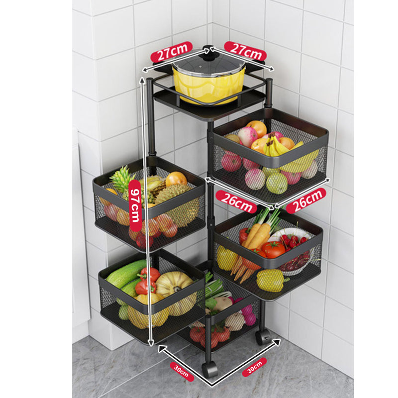 5 Tier Carbon Steel Rotating Kitchen Cart 30x30x97cm Black Wheels 10Kg Shelf