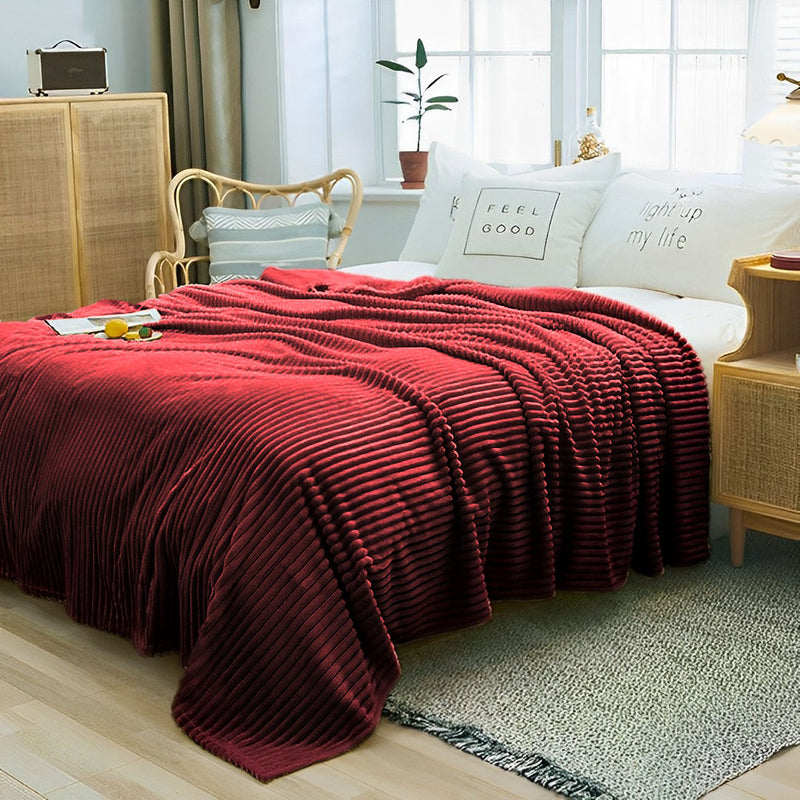 2X Burgundy Flannel Fleece Throw Blanket Striped Cozy Thin Lightweight Coverlet