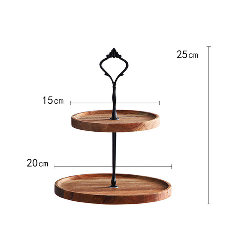2X 15cm 2 Tier Round Acacia Wood Dessert Stand Brown Metal Handle