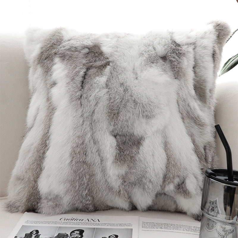 45cm Rabbit Fur Throw Pillow Floral Gray Square Plush Cozy Decorative