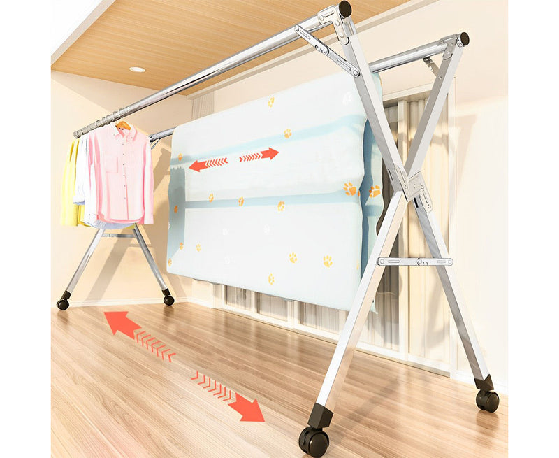 2X 1.6m Stainless Steel Foldable Clothes Drying Rack With Wheels 40kg Silver