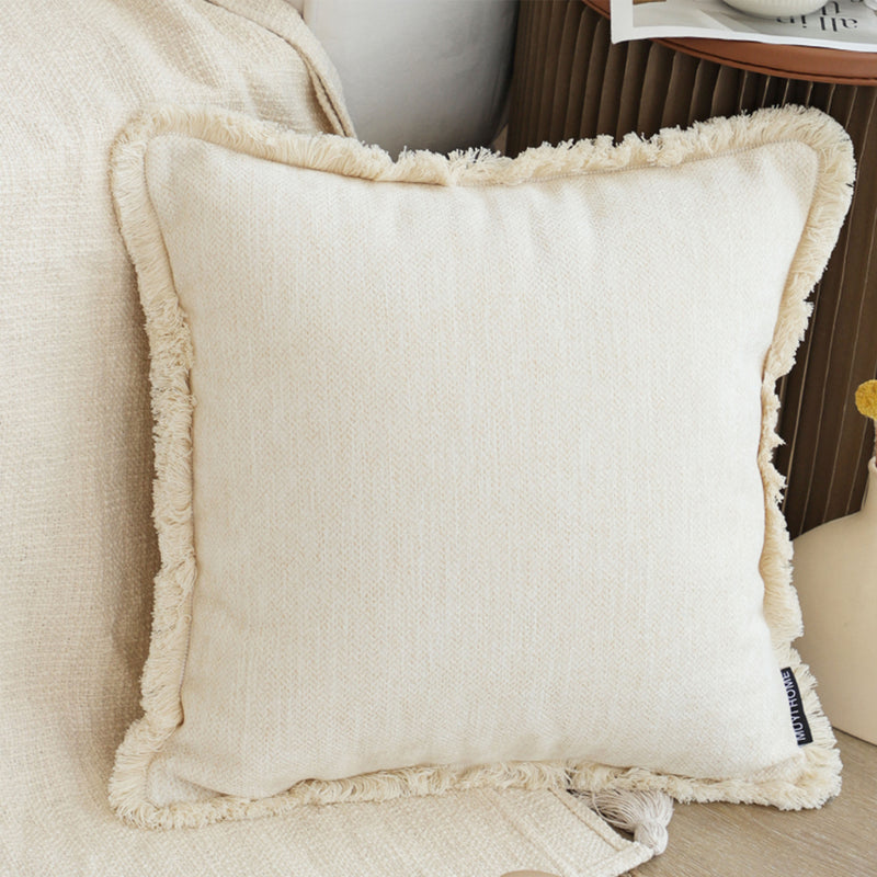 2X 45cm Square Velvet Chenille Tassel Throw Pillow Cream