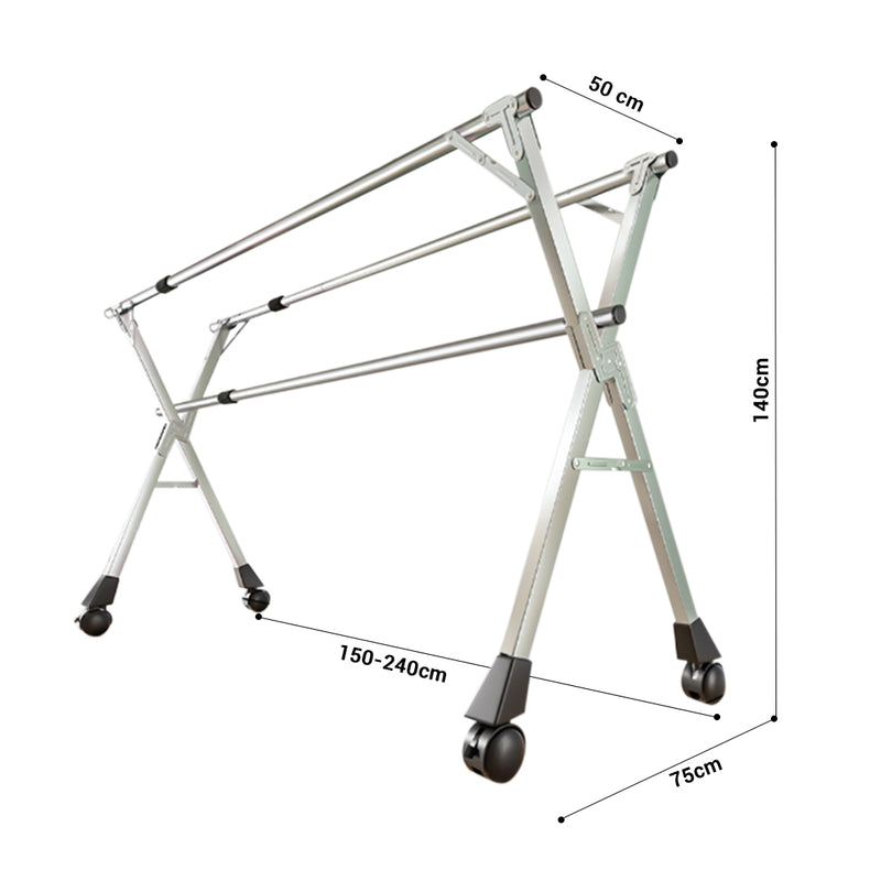 2X Portable Stainless Steel Clothes Drying Rack 240x140x50cm 3 Poles Wheels