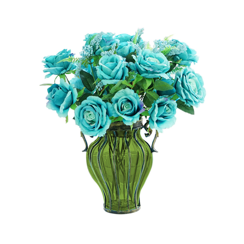 Green Glass Flower Vase European Style With Two Gold Metal Handles 25cm X 33cm