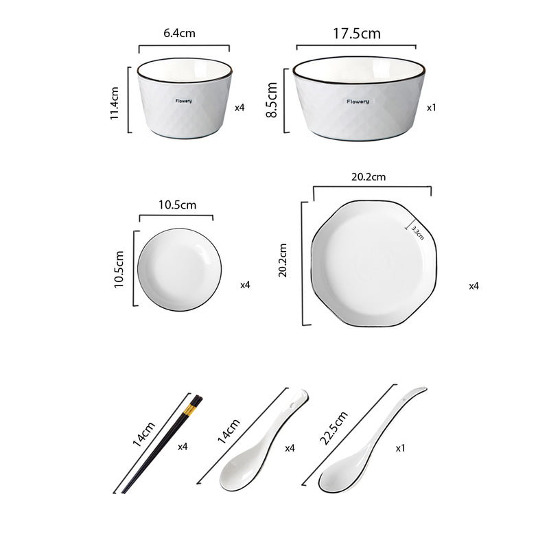 Diamond Pattern White Ceramic Dinnerware Set of 13 8 Inch Plate 4.5 Inch Bowl