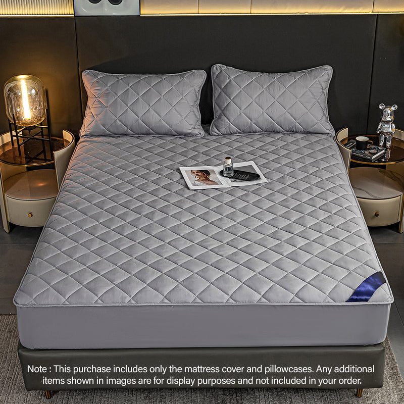Quilted Stretch Mattress Cover Polyester 203x183x40cm Grey With 2 Pillow Covers