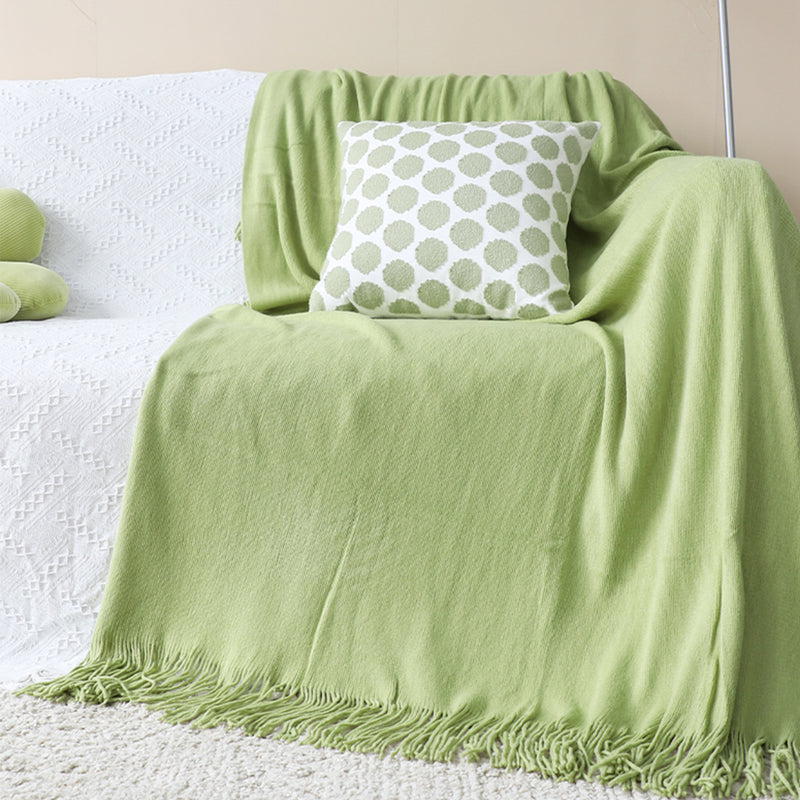 Throw Blanket Acrylic Knitted 130cmx220cm Fringed Cozy Woven Green