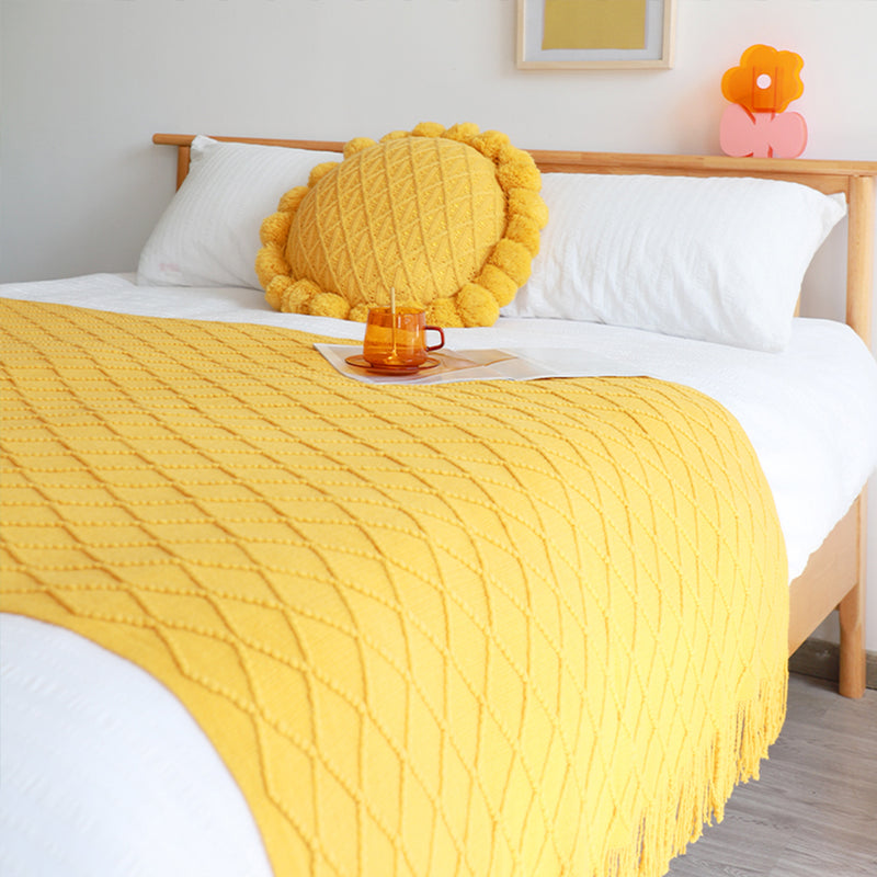 Knitted Acrylic Throw Blanket 130cmx230cm Diamond Jacquard Tassels Yellow
