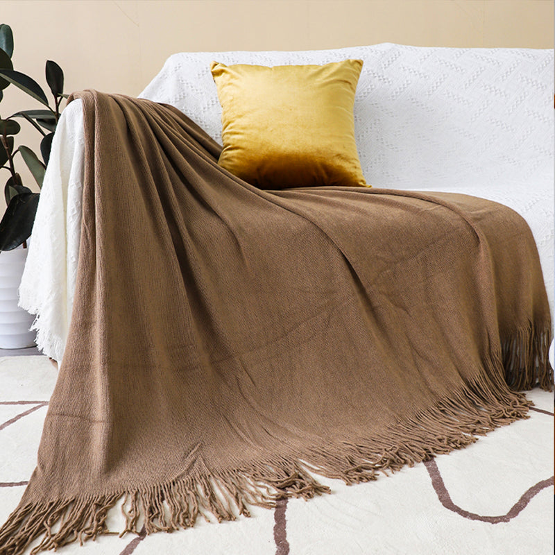 2X Acrylic Knitted Throw Blanket 130cmx220cm Fringed Cozy Coffee