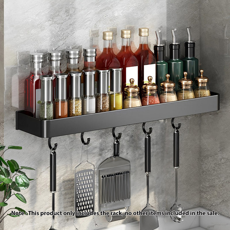 50cm Black Wall Mounted Aluminum Kitchen Spice Storage Rack with Hooks