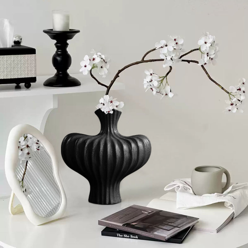 28X30cm Large Ceramic Handmade Ornament Vase Matte Black Countertop Decor