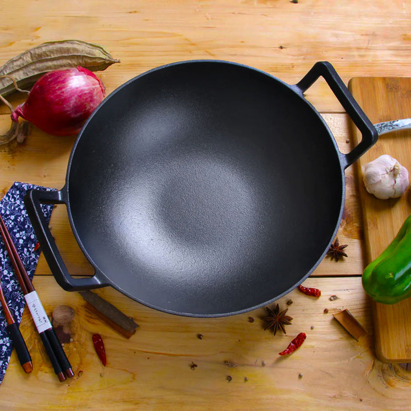 32cm Cast Iron Wok Frypan Double Handle With Lid Black Induction Oven Safe