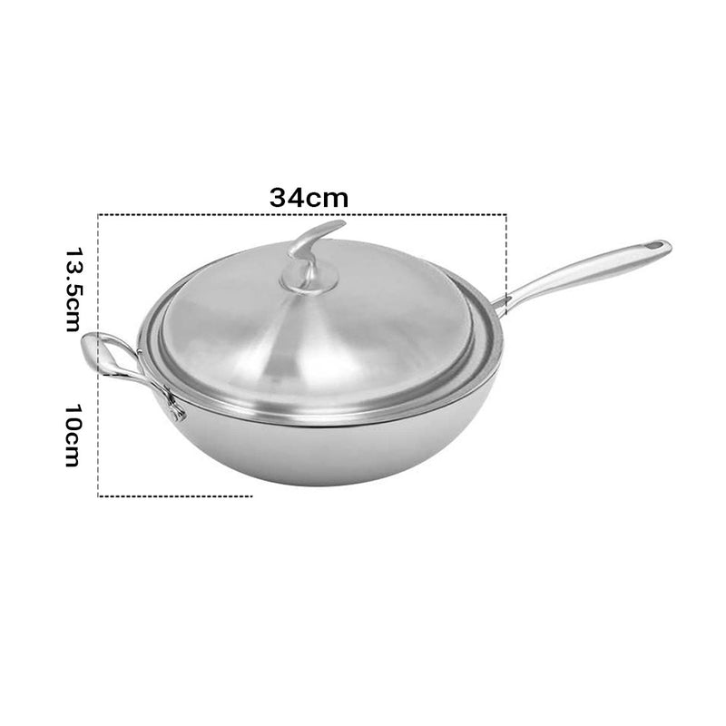 Stainless Steel 34cm Fry Pan Non Stick Skillet with Helper Handle and Lid