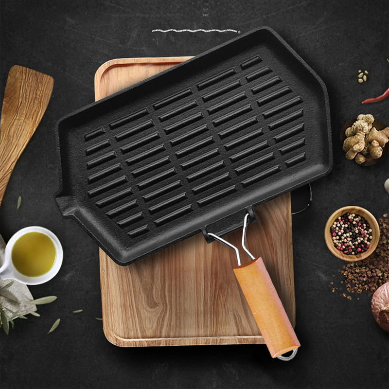 Rectangular Cast Iron Grill Pan 21x35cm Ridged Folding Wood Handle Black