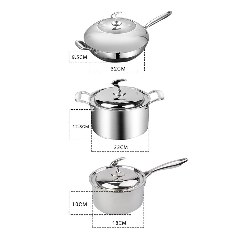 6 Piece Cookware Set Stainless Steel Fry Pan Milk Soup Pot with Lid Dishwasher Safe