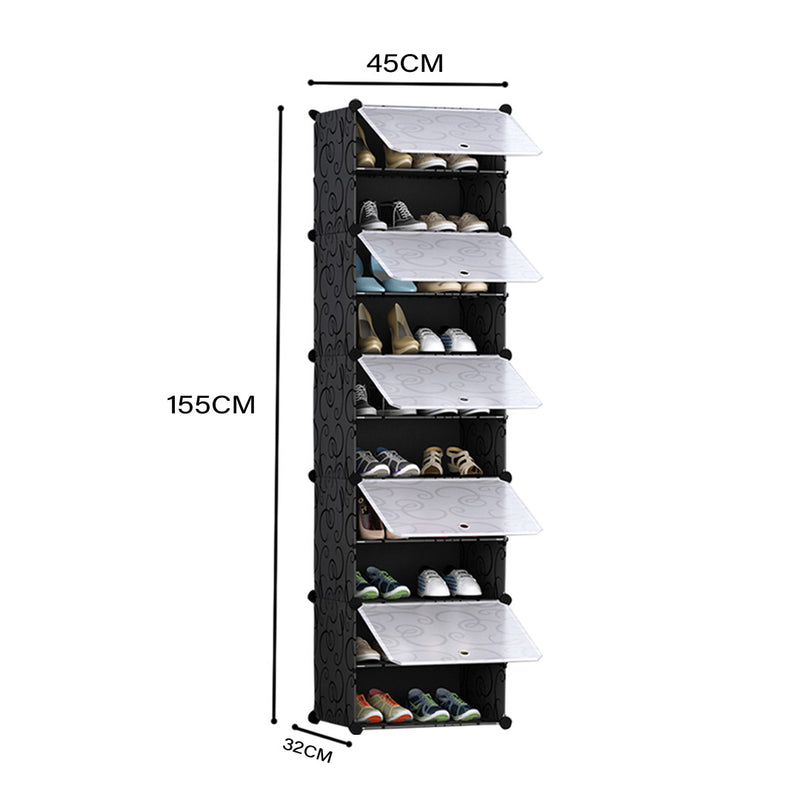 10 Tier Shoe Rack Plastic Panels Stackable 45cm x 32cm x 155cm Black Cover