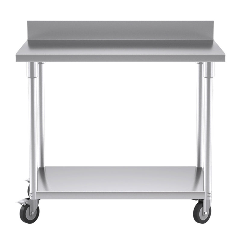 Stainless Steel Catering Prep Table 100cm With Backsplash Caster Wheels