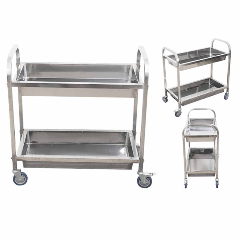 2 Tier Stainless Steel Food Cart 85x45x90cm Leak Proof Tray Locking Wheels
