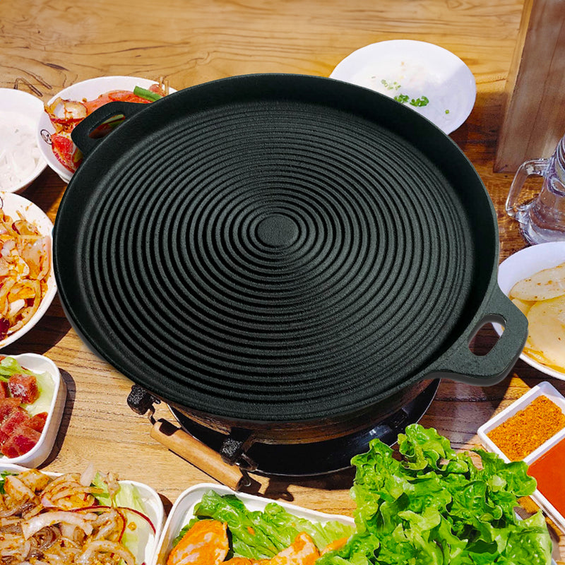 2X 35cm Round Ribbed Cast Iron Frying Pan Skillet With Handle Pre-Seasoned