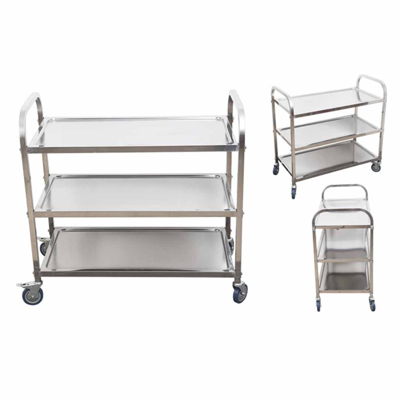 3 Tier Stainless Steel Food Cart 86x54x94cm Utility Trolley With Locking Wheels