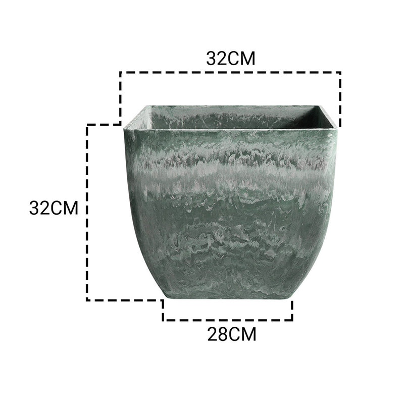 32cm Square Tapered Resin Planter Concrete Look Green Grey Indoor Office