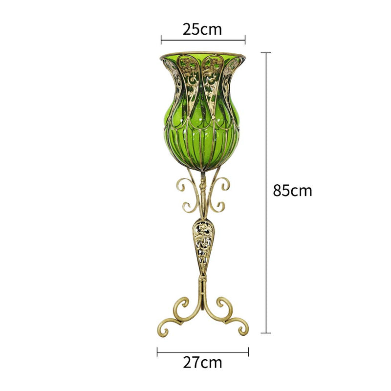 85cm Green Glass Tall Floor Vase Gold Metal Base 12pcs Pink Artificial Flowers