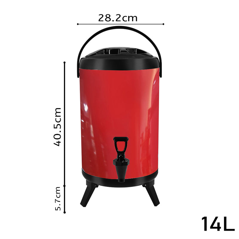 14L Stainless Steel Insulated Hot Cold Milk Tea Dispenser Faucet Red