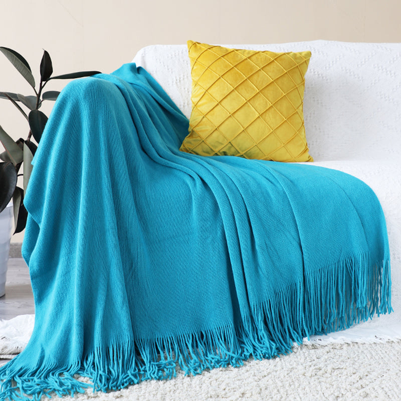 2X Blue Acrylic Knitted Throw Blanket Solid Fringed Warm Cozy Couch Sofa Decor