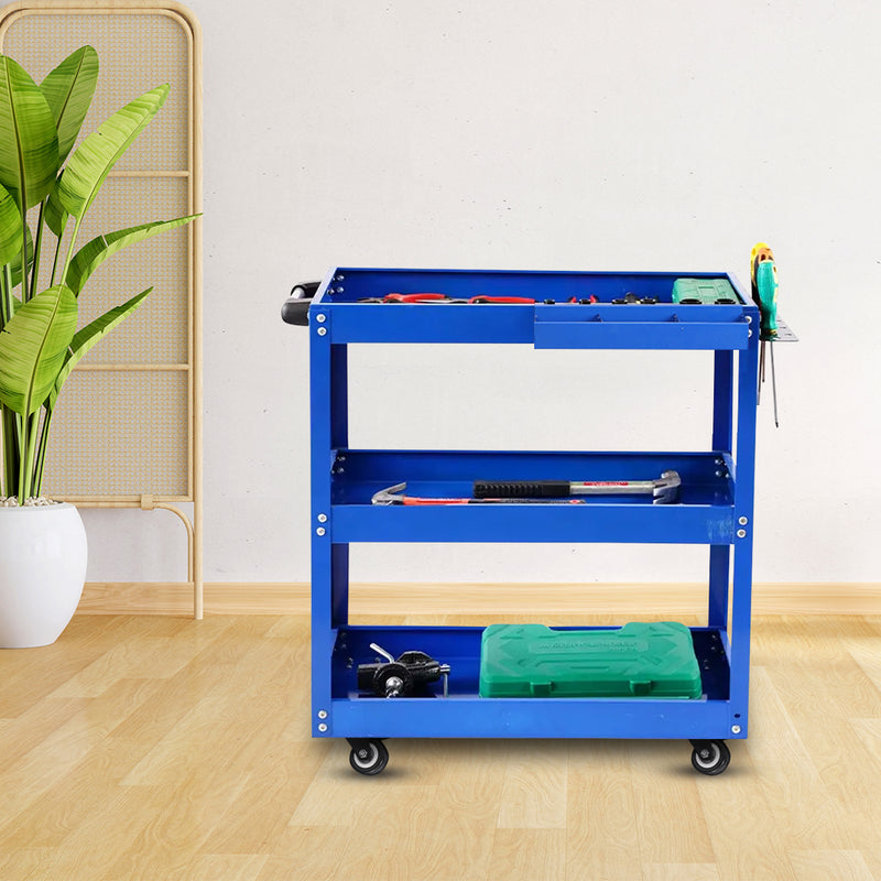 3 Tier Heavy Duty Tool Cart Cold Rolled Steel 66x36x73cm 33kg Capacity Blue