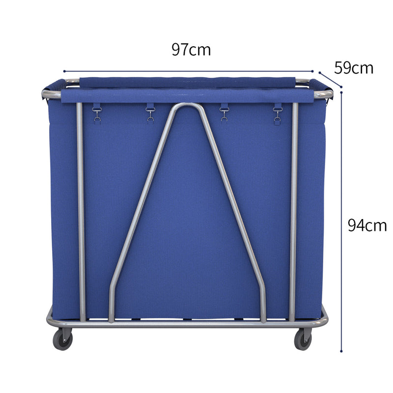 Commercial Large Stainless Steel Linen Cart 37 Inch Tall Oxford Bag White Wheels