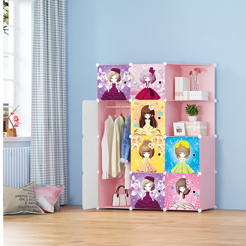 10 Cubes Portable Wardrobe Plastic Foldable 110.5x37x146cm Pink Princess Design