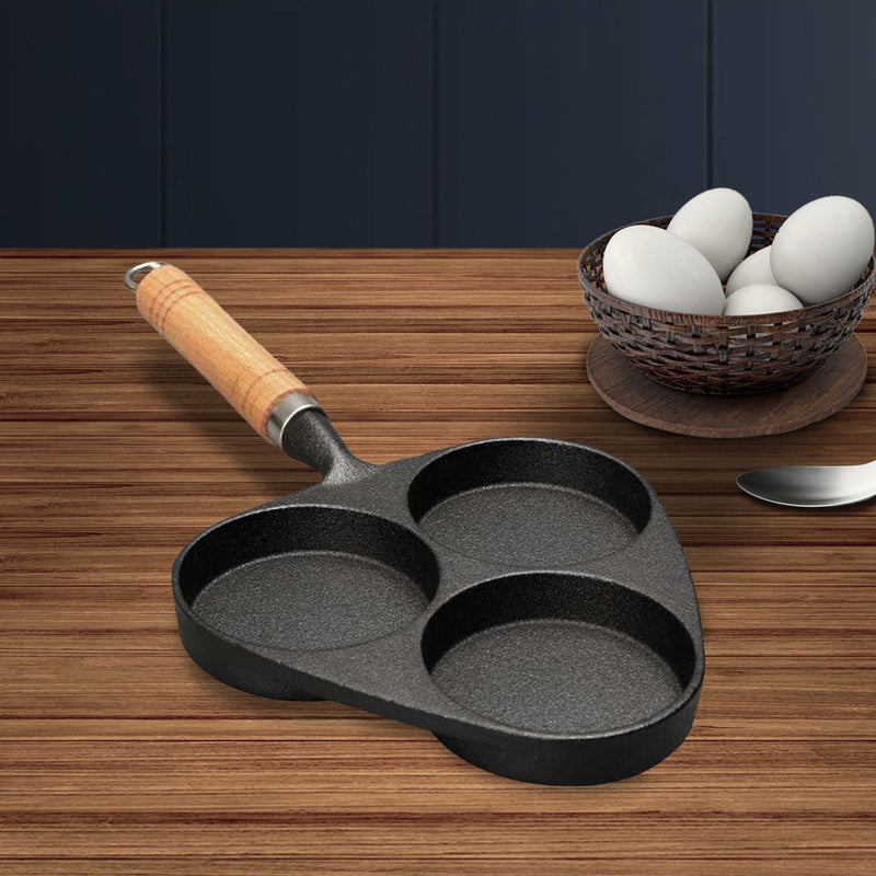 2X Cast Iron 3 Mold Omelette Pancake Fry Pan Non-Stick Wooden Handle Home Cooking