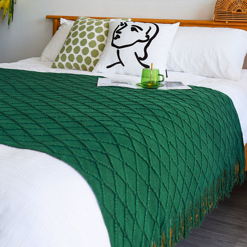 Green Knitted Throw Blanket 130x230cm Diamond Pattern Acrylic With Tassels