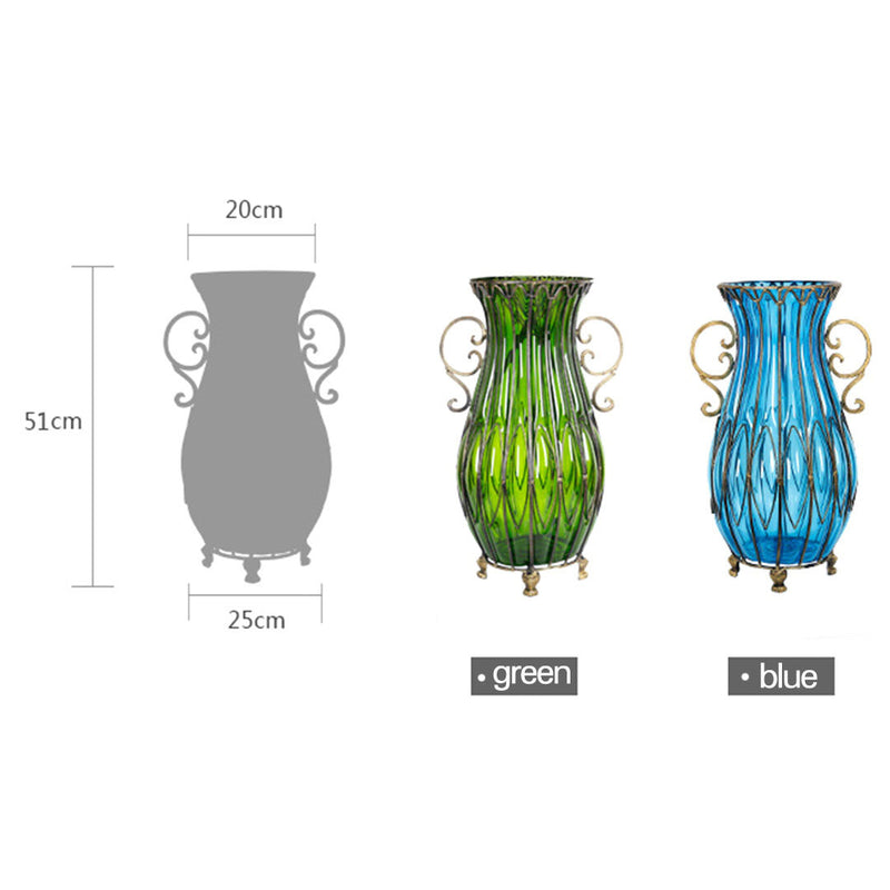 51cm Tall Green Glass Floor Vase Gold Metal Accents 12pcs Artificial Flowers
