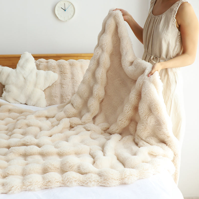 160X200cm Synthetic Rabbit Fur Throw Blanket Double Layer Polyester Light Camel