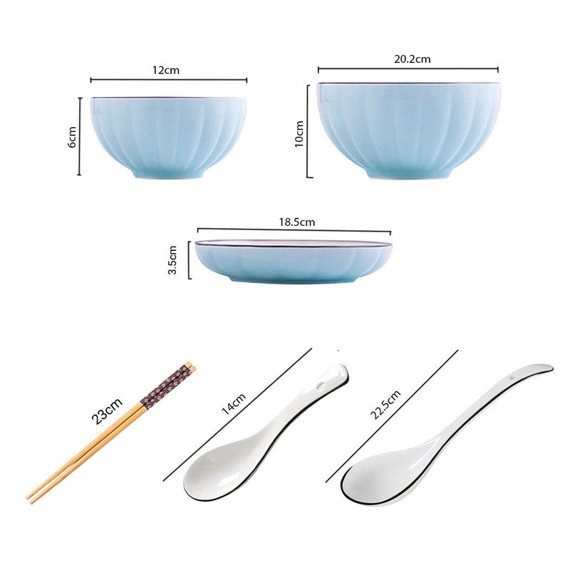 Blue Ceramic Dinnerware Set of 7 Japanese Style Bowls Plates Home Kitchen Decor