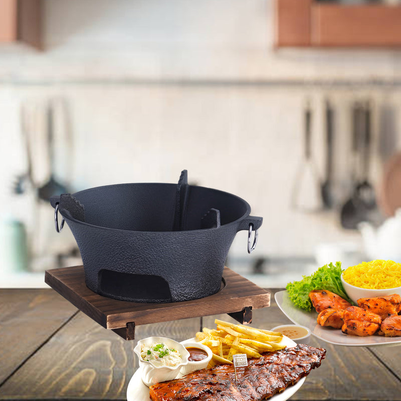 Small Cast Iron Tabletop Charcoal Grill 21cm Steel Net Black Wood Base