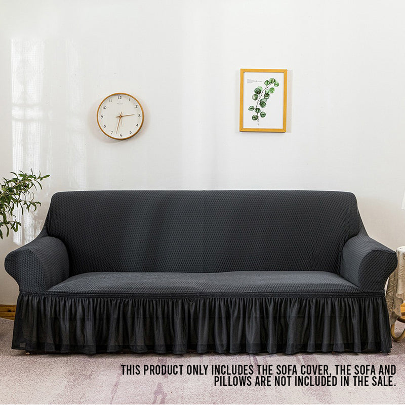 4-Seater Dark Grey Polyester Sofa Cover Ruffled Skirt High Stretch Protector