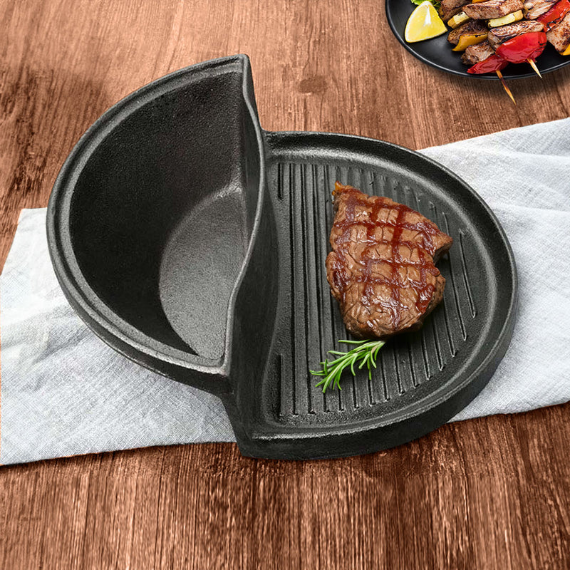 2 In 1 Cast Iron Skillet Griddle BBQ Steamboat Pot Non-Stick 23cm Black