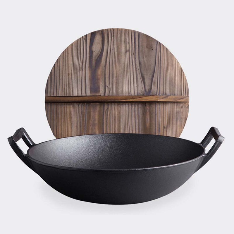 2X 36CM Cast Iron Wok Fry Pan With Wooden Lid Nonstick Black Long Handle