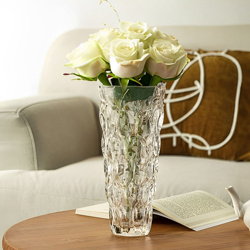 Hand Blown Thick Glass Vase 29cm Tall Slim Clear With Pink Hue
