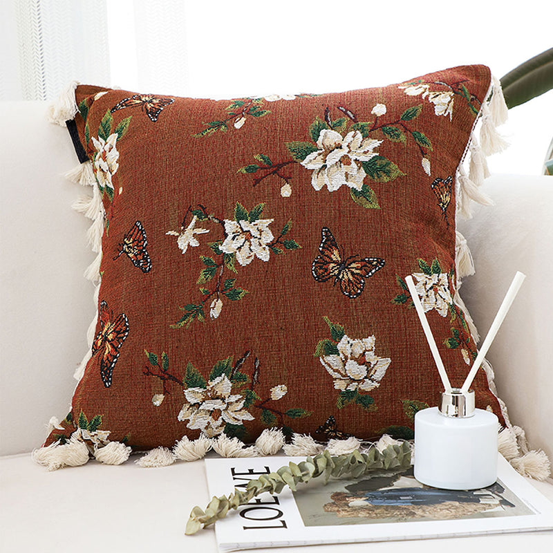 2X Velvet Throw Pillow Cushion 45x45cm 15cm Caramel Butterfly Flower Tassel