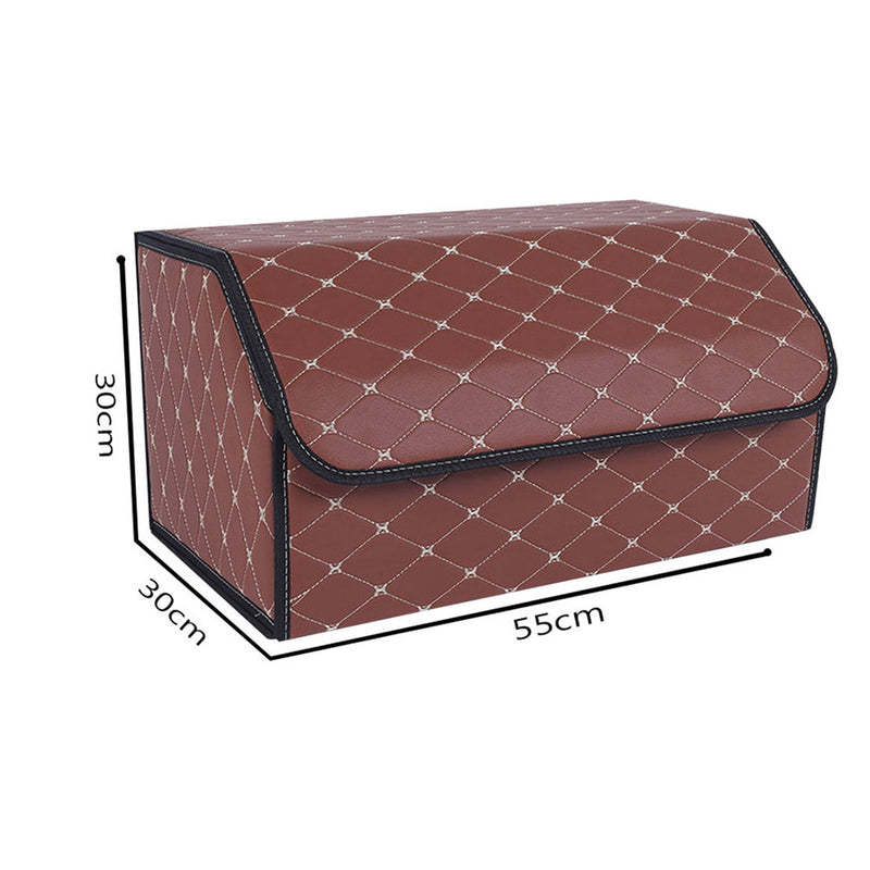 2X Leather Car Boot Organizer Foldable 55x30x30cm Coffee Gold Stitch Large