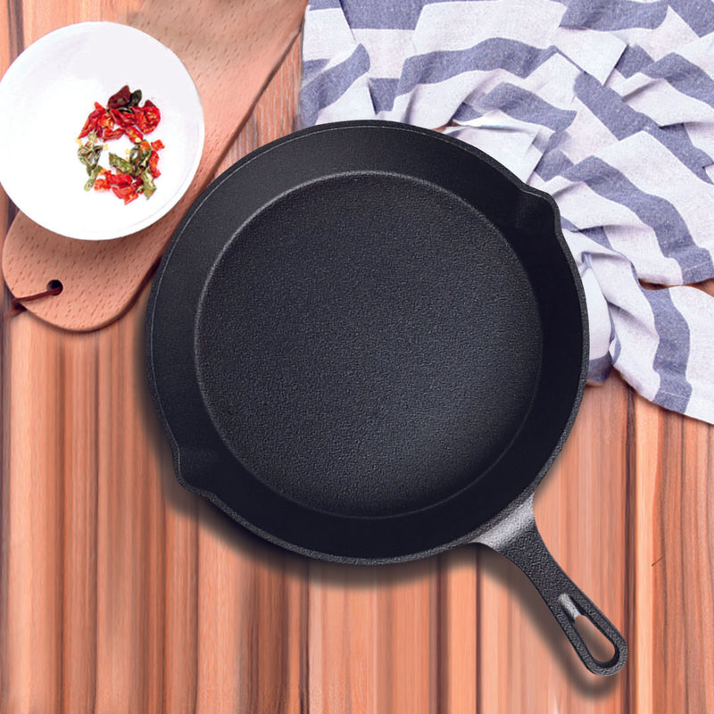 26cm Round Cast Iron Skillet Pan Sizzle Platter Non-stick With Handle